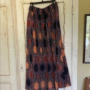 Maeve Skirt with Orange and Navy Pattern. Lightweight fabric elastic waist.